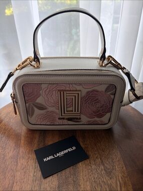 Karl Lagerfeld Cream and Pink Floral Leather Crossbody with Gold Hardware